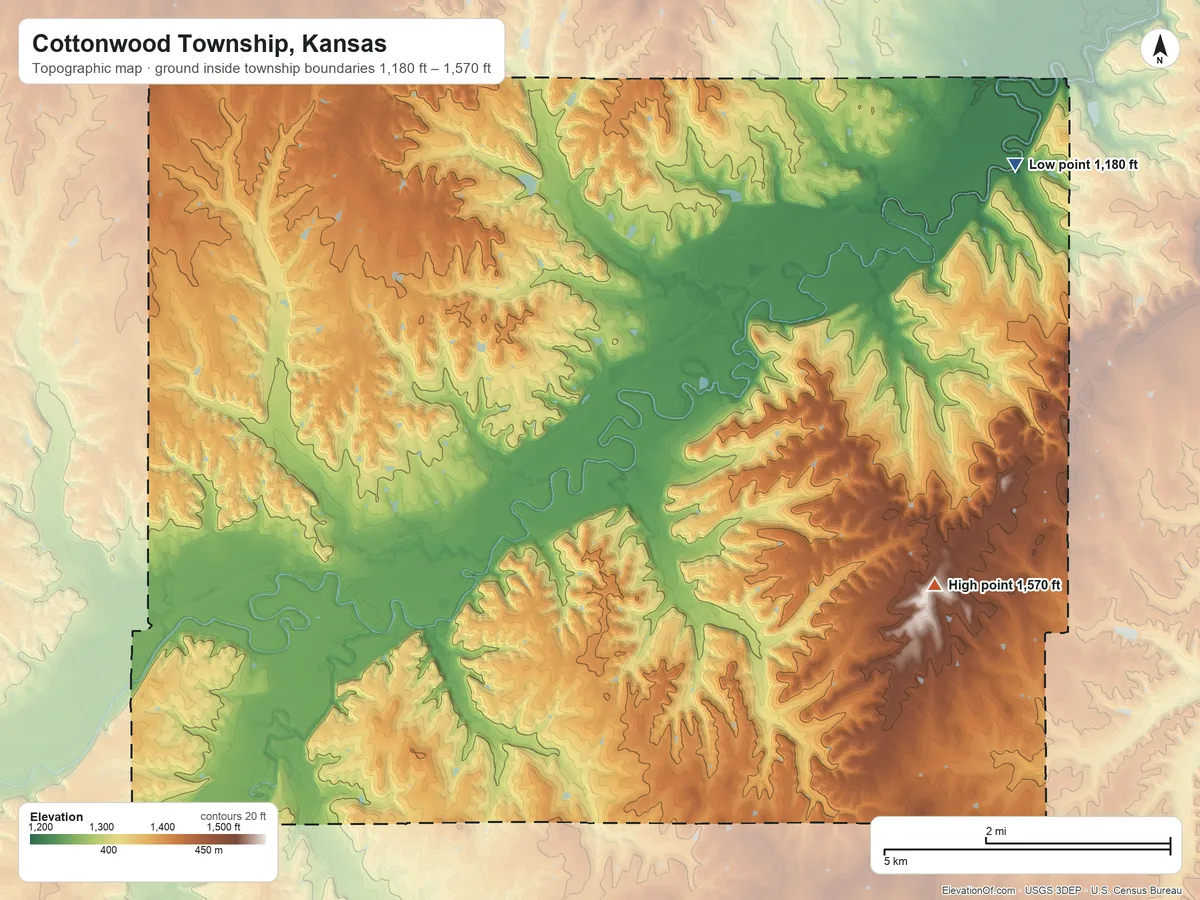 Topographic elevation map of Cottonwood Township, Kansas, shaded from 1,180 ft on the northeast side to 1,570 ft on the southeast side