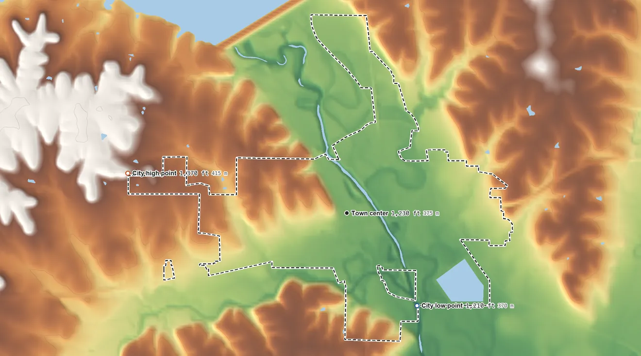 Topographic elevation map of Council Grove, Kansas, shaded from 1,210 ft on the southeast side to 1,370 ft on the west side