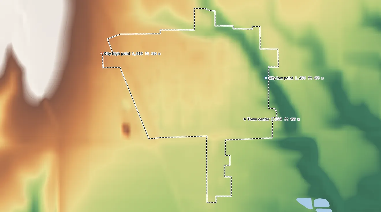 Topographic elevation map of Courtland, Kansas, shaded from 1,490 ft on the northeast side to 1,510 ft on the northwest side