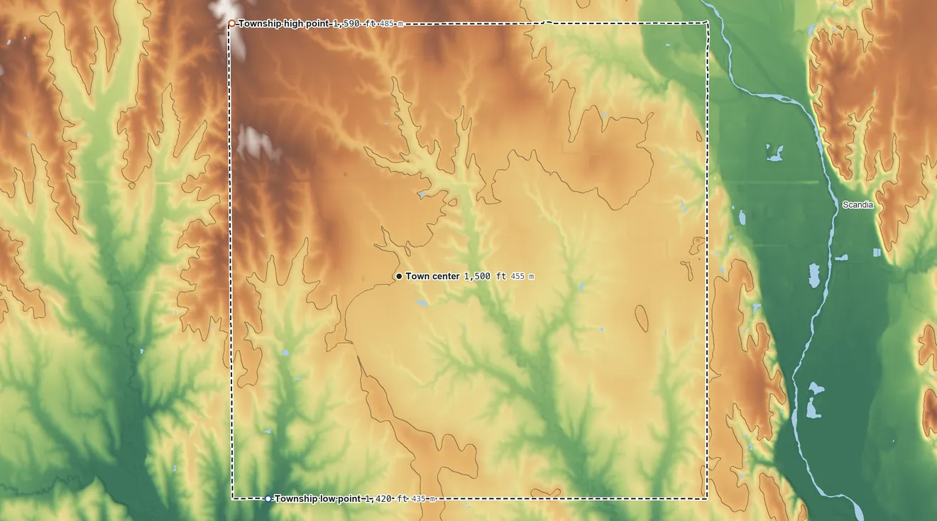 Topographic elevation map of Courtland Township, Kansas, shaded from 1,420 ft on the southwest side to 1,590 ft on the northwest side