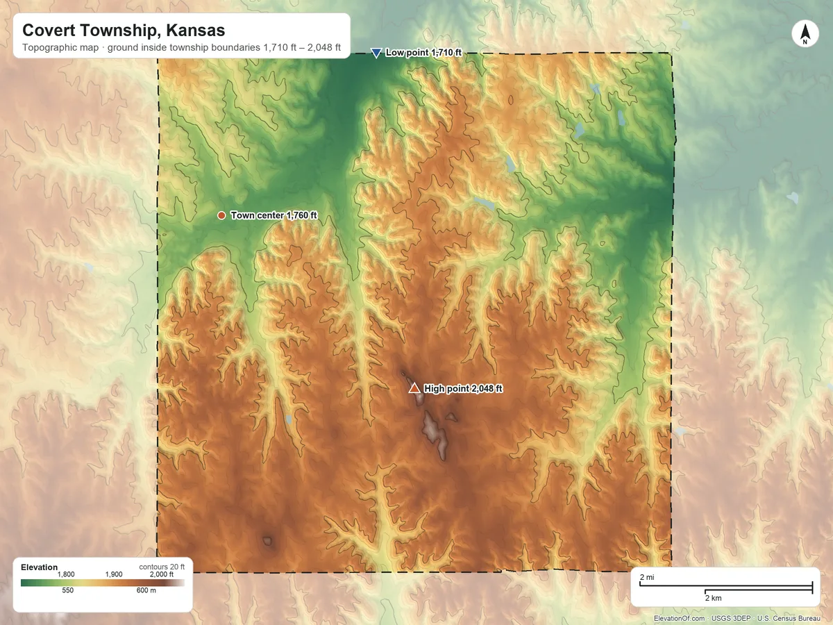 Topographic elevation map of Covert Township, Kansas, shaded from 1,710 ft on the northeast side to 2,048 ft on Sand Mound