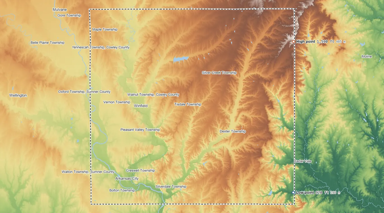 Topographic elevation map of Cowley County, Kansas, shaded from 920 ft on the southeast side to 1,590 ft on the northeast side