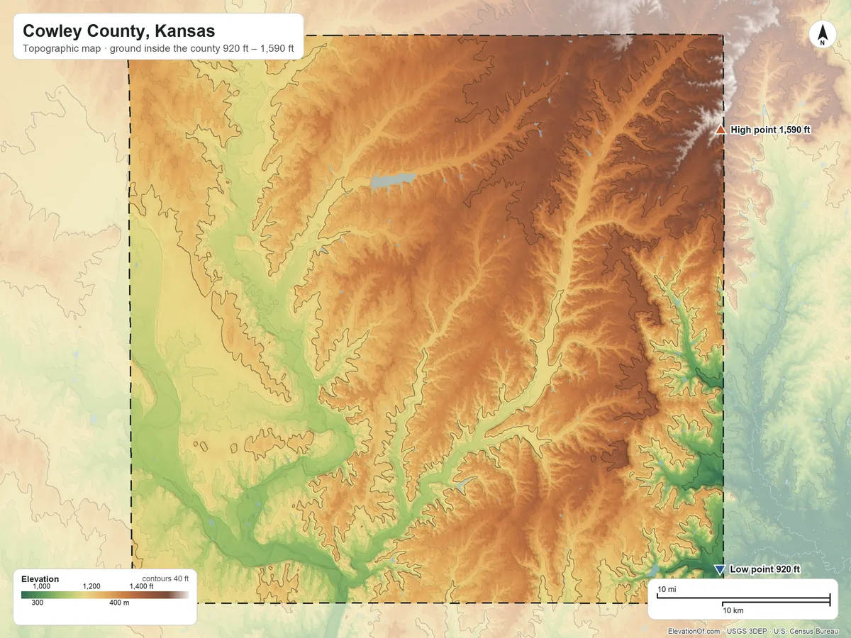 Topographic elevation map of Cowley County, Kansas, shaded from 920 ft on the southeast side to 1,590 ft on the northeast side