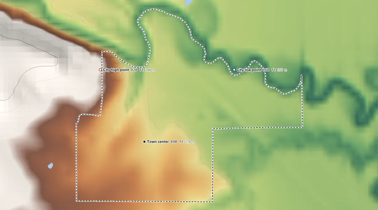 Topographic elevation map of Coyville, Kansas, shaded from 860 ft on the northeast side to 920 ft on the northwest side