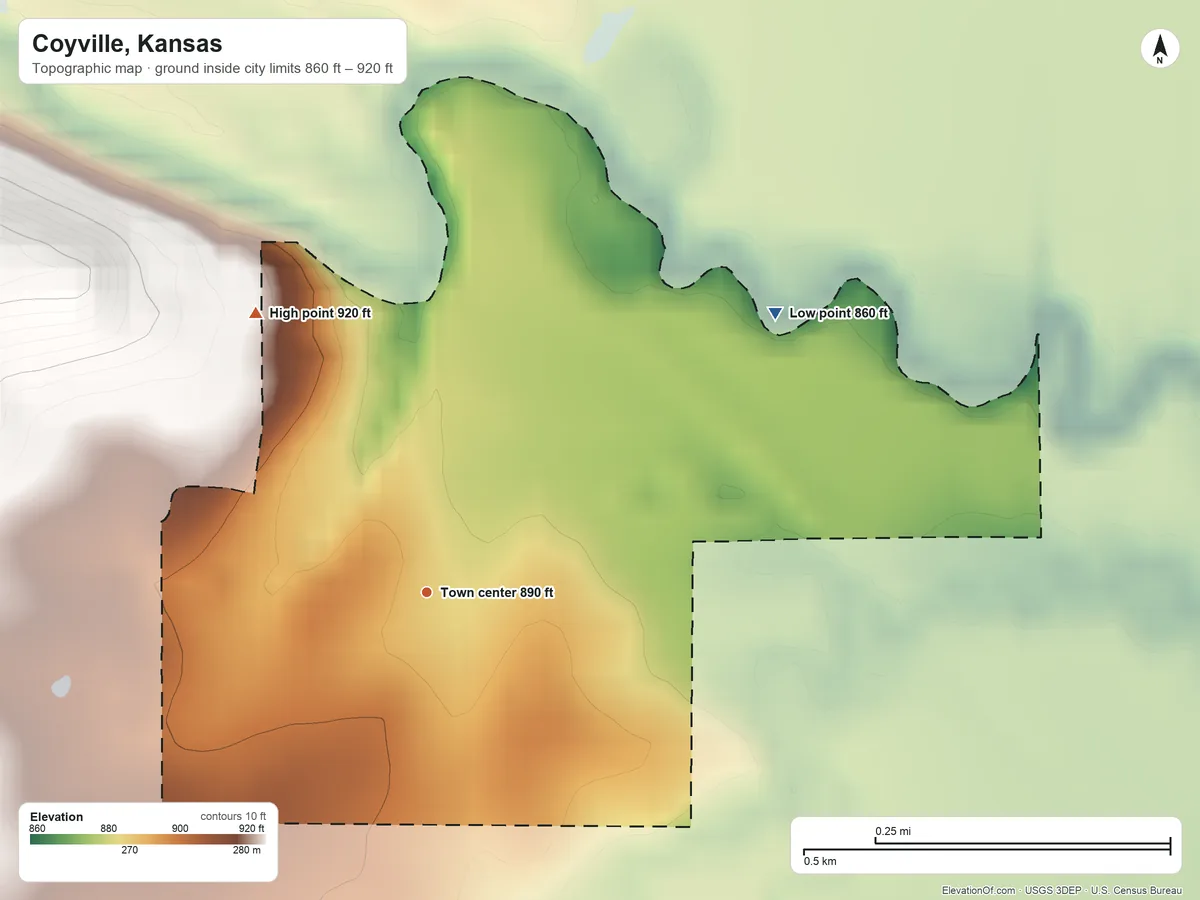 Topographic elevation map of Coyville, Kansas, shaded from 860 ft on the northeast side to 920 ft on the northwest side
