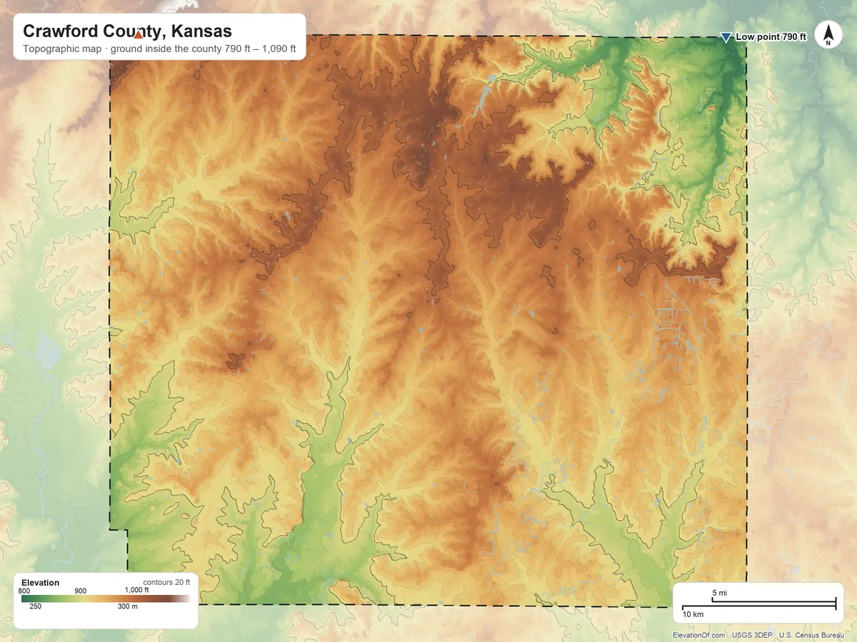 Topographic elevation map of Crawford County, Kansas, shaded from 790 ft on the northeast side to 1,090 ft on the northwest side