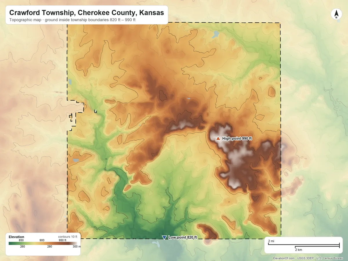 Topographic elevation map of Crawford Township, Cherokee County, Kansas, shaded from 820 ft on the south side to 990 ft near the middle