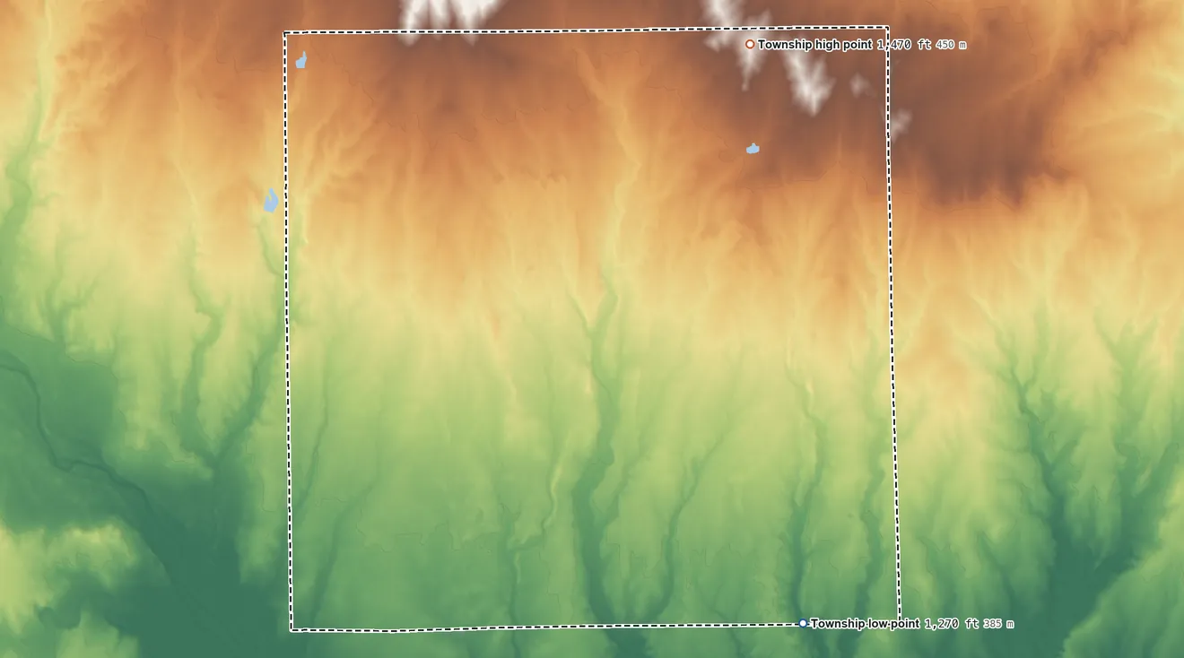 Topographic elevation map of Creek Township, Kansas, shaded from 1,270 ft on the southeast side to 1,470 ft on the northeast side