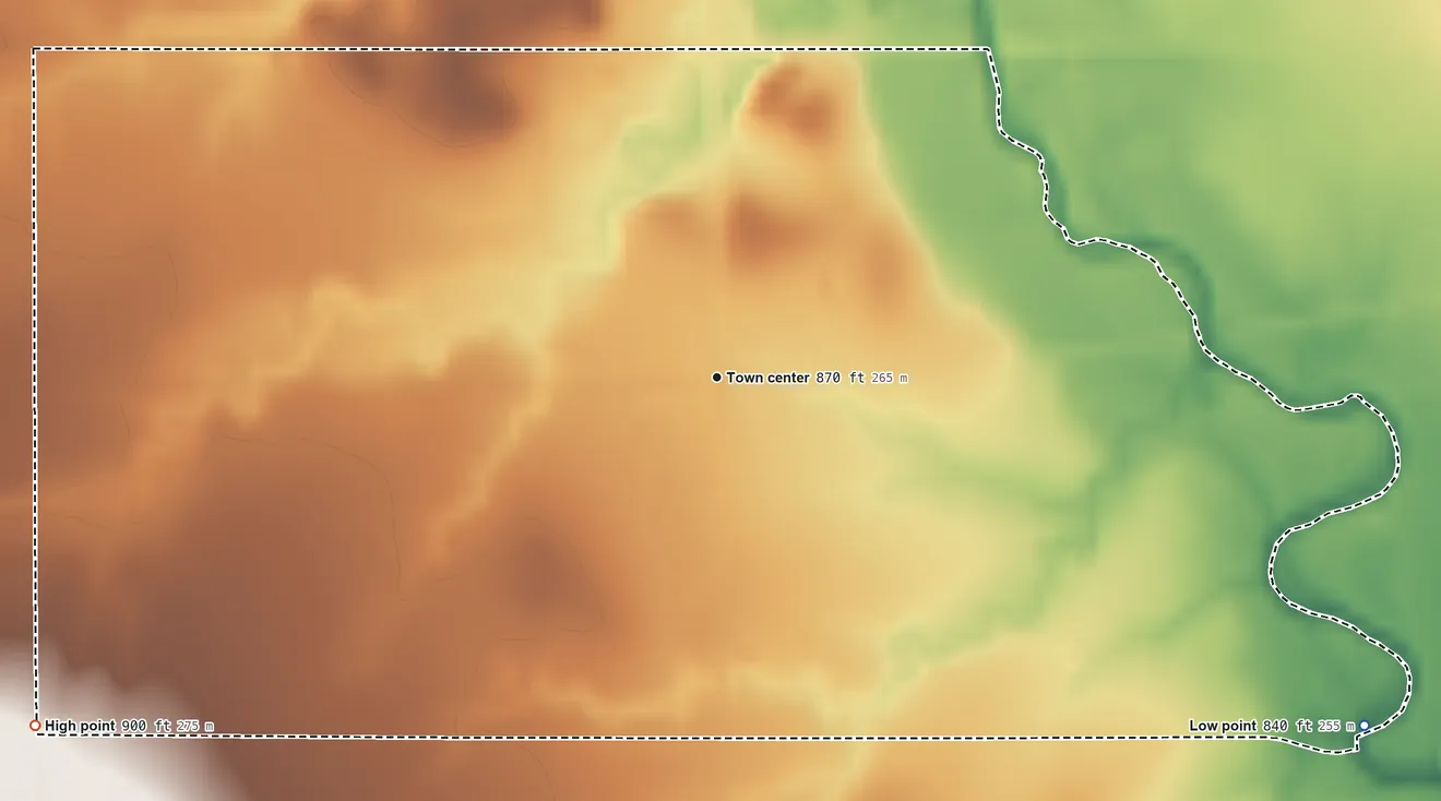 Topographic elevation map of Crestline, Kansas, shaded from 840 ft on the southeast side to 900 ft on the southwest side