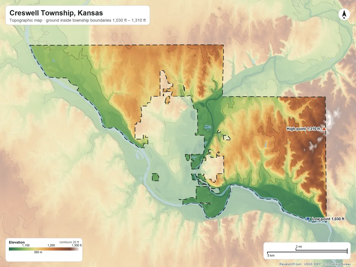 Topographic elevation map of Creswell Township, Kansas, shaded from 1,030 ft on the southeast side to 1,310 ft on the east side