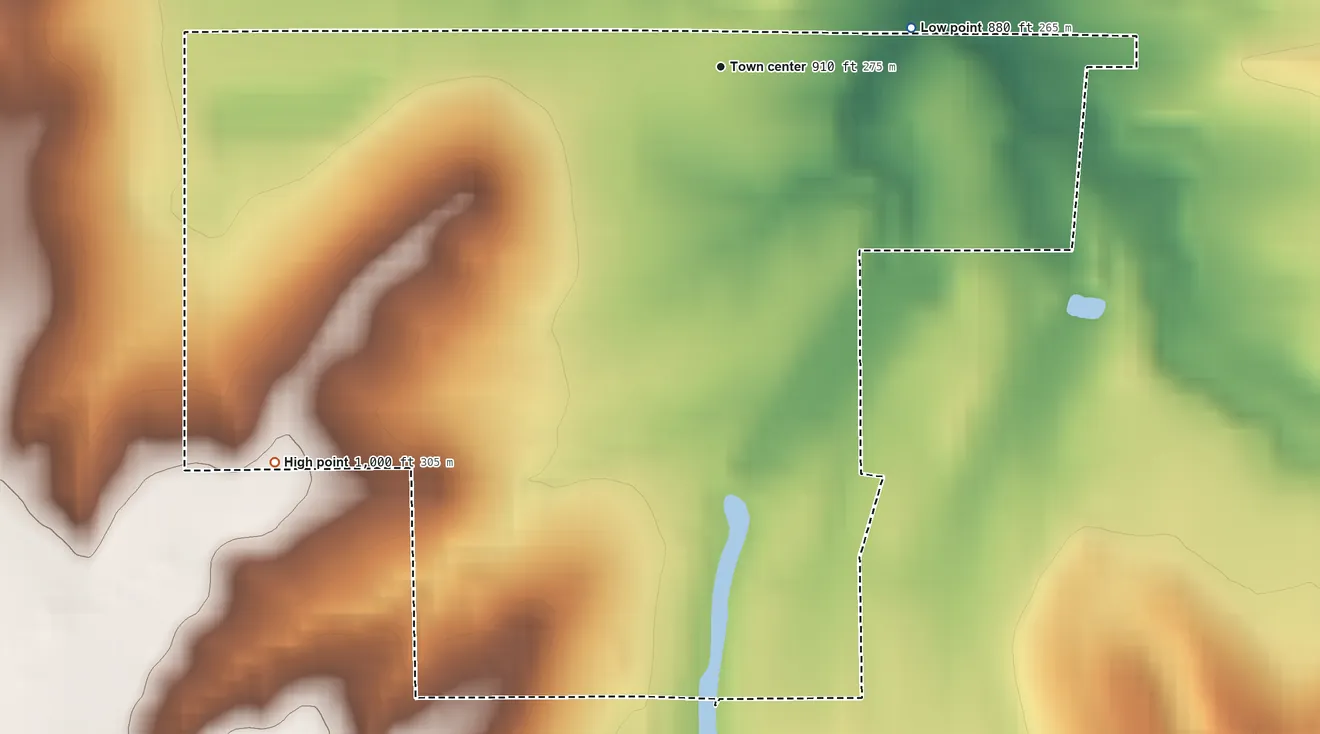 Topographic elevation map of Croweburg, Kansas, shaded from 880 ft on the east side to 1,000 ft on the southwest side