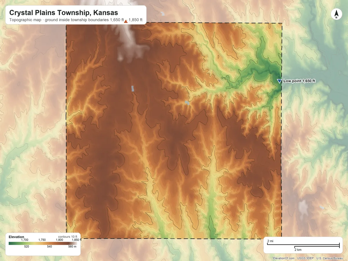 Topographic elevation map of Crystal Plains Township, Kansas, shaded from 1,650 ft on the east side to 1,850 ft on the northwest side