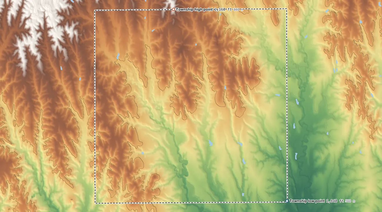 Topographic elevation map of Crystal Township, Kansas, shaded from 1,840 ft on the southeast side to 2,160 ft on the north side