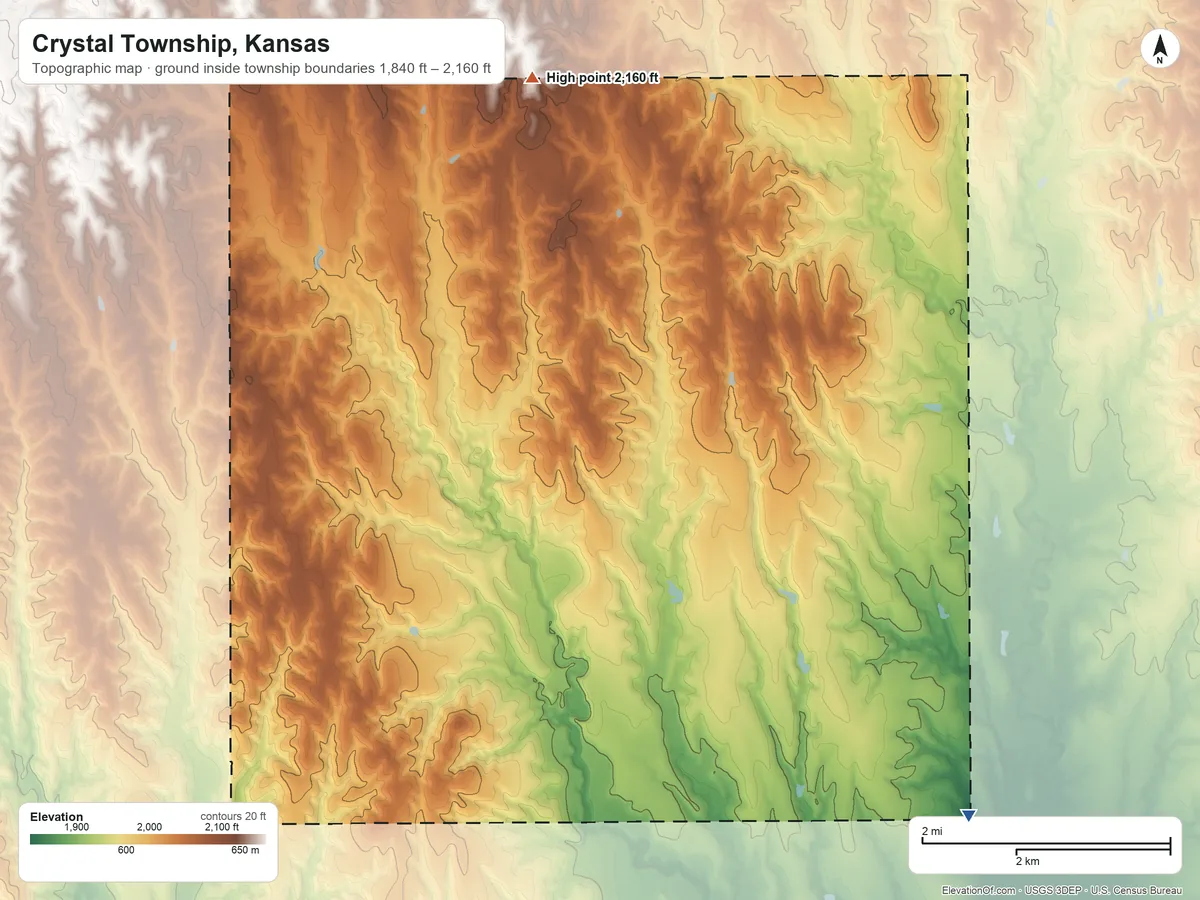 Topographic elevation map of Crystal Township, Kansas, shaded from 1,840 ft on the southeast side to 2,160 ft on the north side