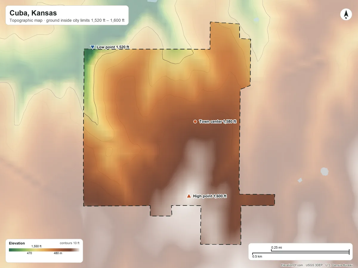 Topographic elevation map of Cuba, Kansas, shaded from 1,520 ft on the northwest side to 1,600 ft on the south side