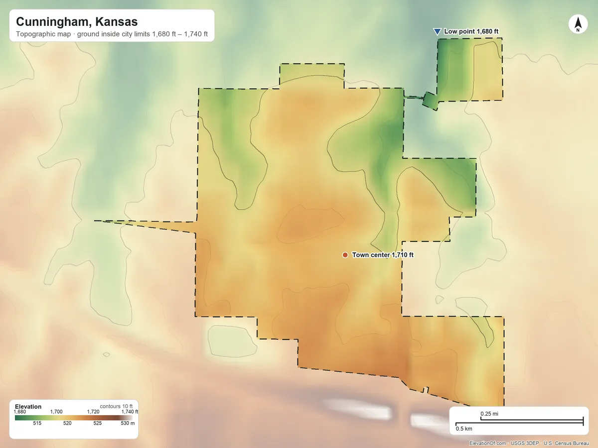 Topographic elevation map of Cunningham, Kansas, shaded from 1,680 ft on the north side to 1,740 ft on the southeast side