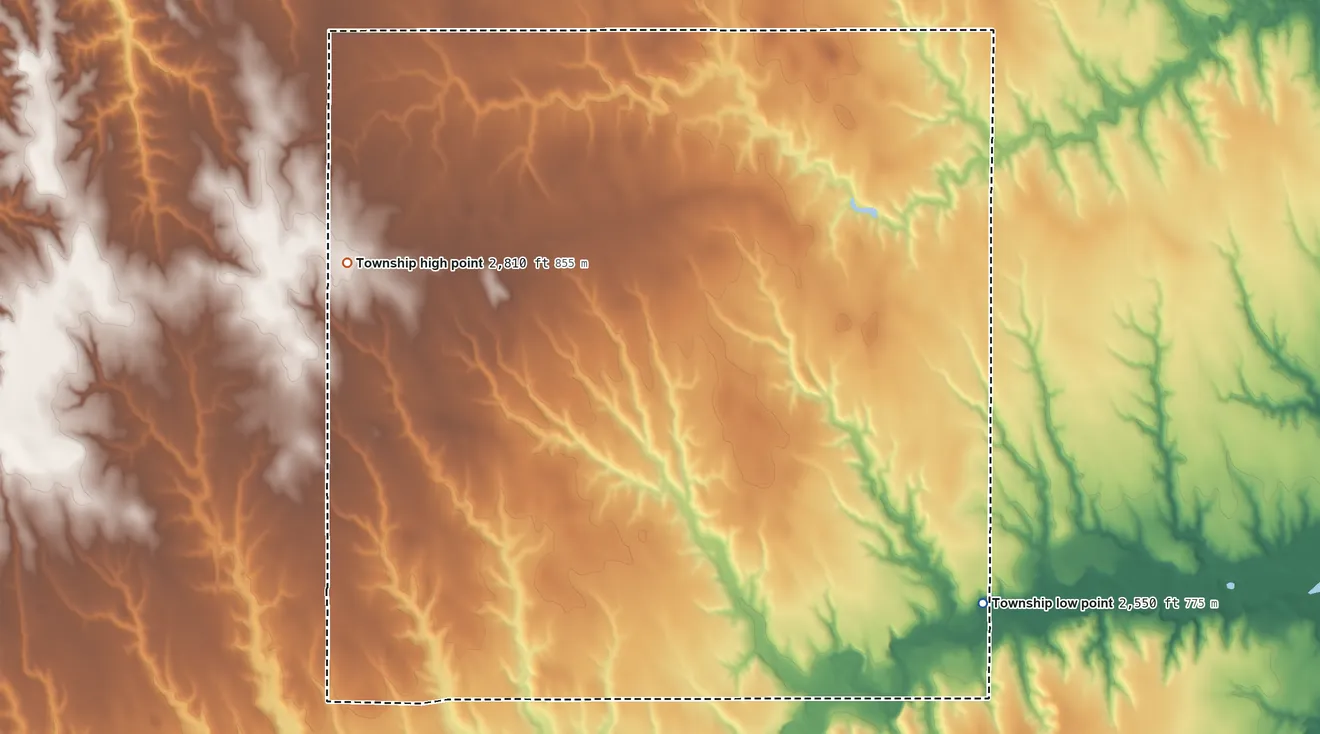 Topographic elevation map of Custer Township, Decatur County, Kansas, shaded from 2,550 ft on the southeast side to 2,810 ft on the northwest side