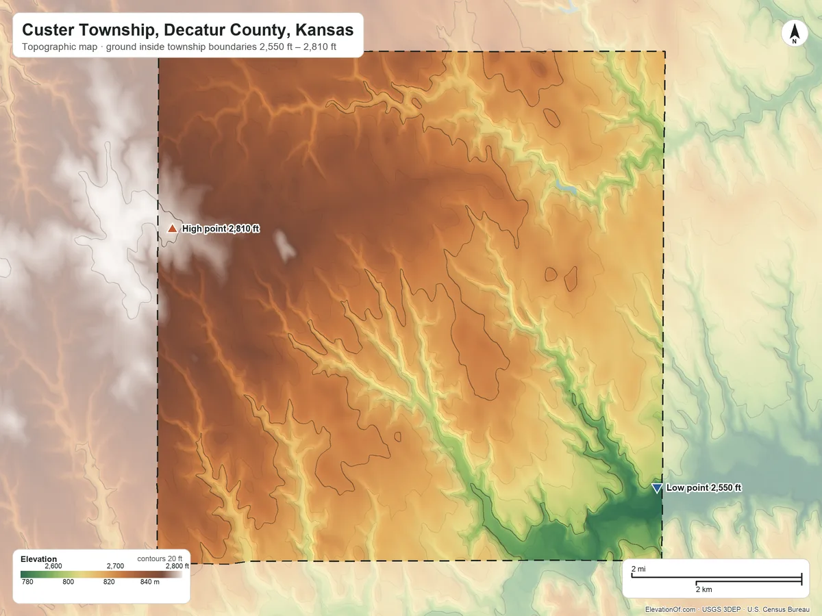 Topographic elevation map of Custer Township, Decatur County, Kansas, shaded from 2,550 ft on the southeast side to 2,810 ft on the northwest side