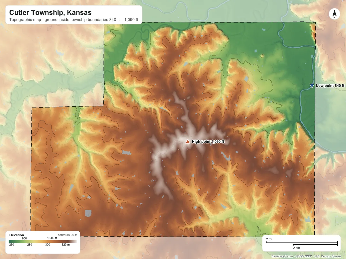 Topographic elevation map of Cutler Township, Kansas, shaded from 840 ft on the east side to 1,090 ft near the middle