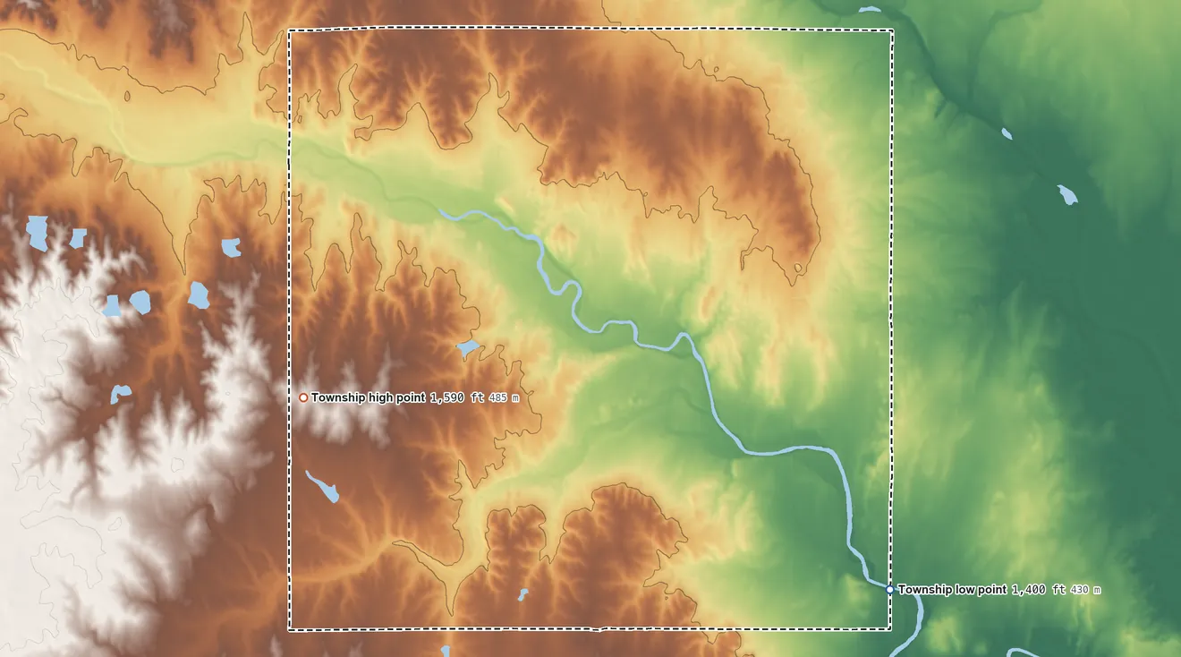 Topographic elevation map of Dale Township, Kansas, shaded from 1,400 ft on the southeast side to 1,590 ft on the southwest side
