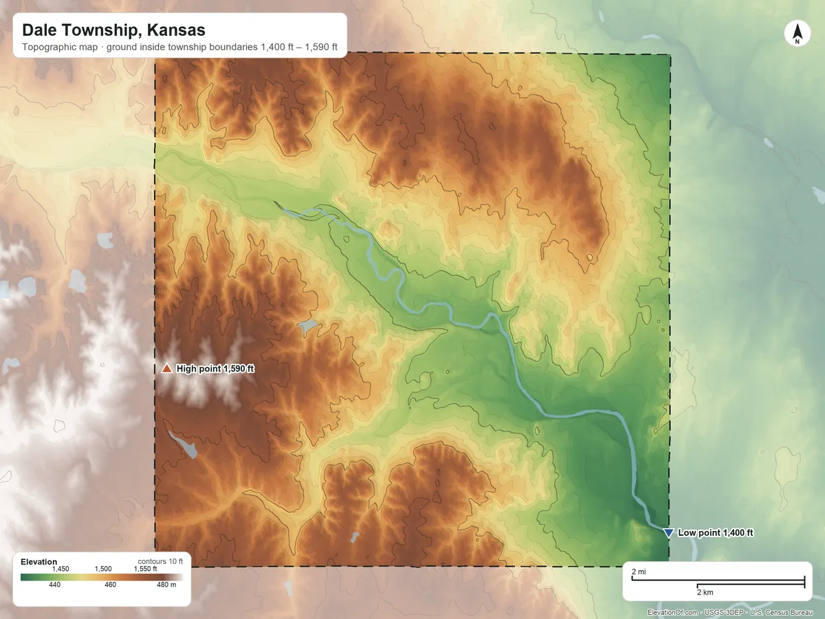 Topographic elevation map of Dale Township, Kansas, shaded from 1,400 ft on the southeast side to 1,590 ft on the southwest side