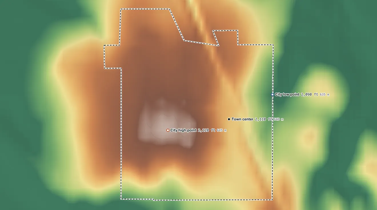 Topographic elevation map of Damar, Kansas, shaded from 2,090 ft on the northeast side to 2,120 ft on the west side