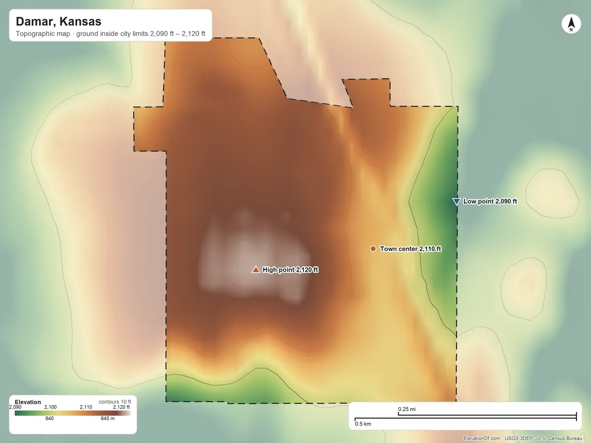 Topographic elevation map of Damar, Kansas, shaded from 2,090 ft on the northeast side to 2,120 ft on the west side