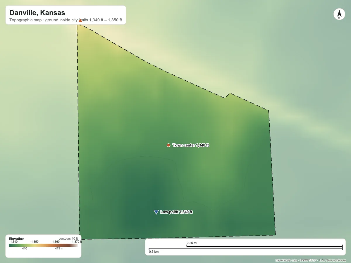 Topographic elevation map of Danville, Kansas, shaded from 1,340 ft on the south side to 1,350 ft on the northwest side