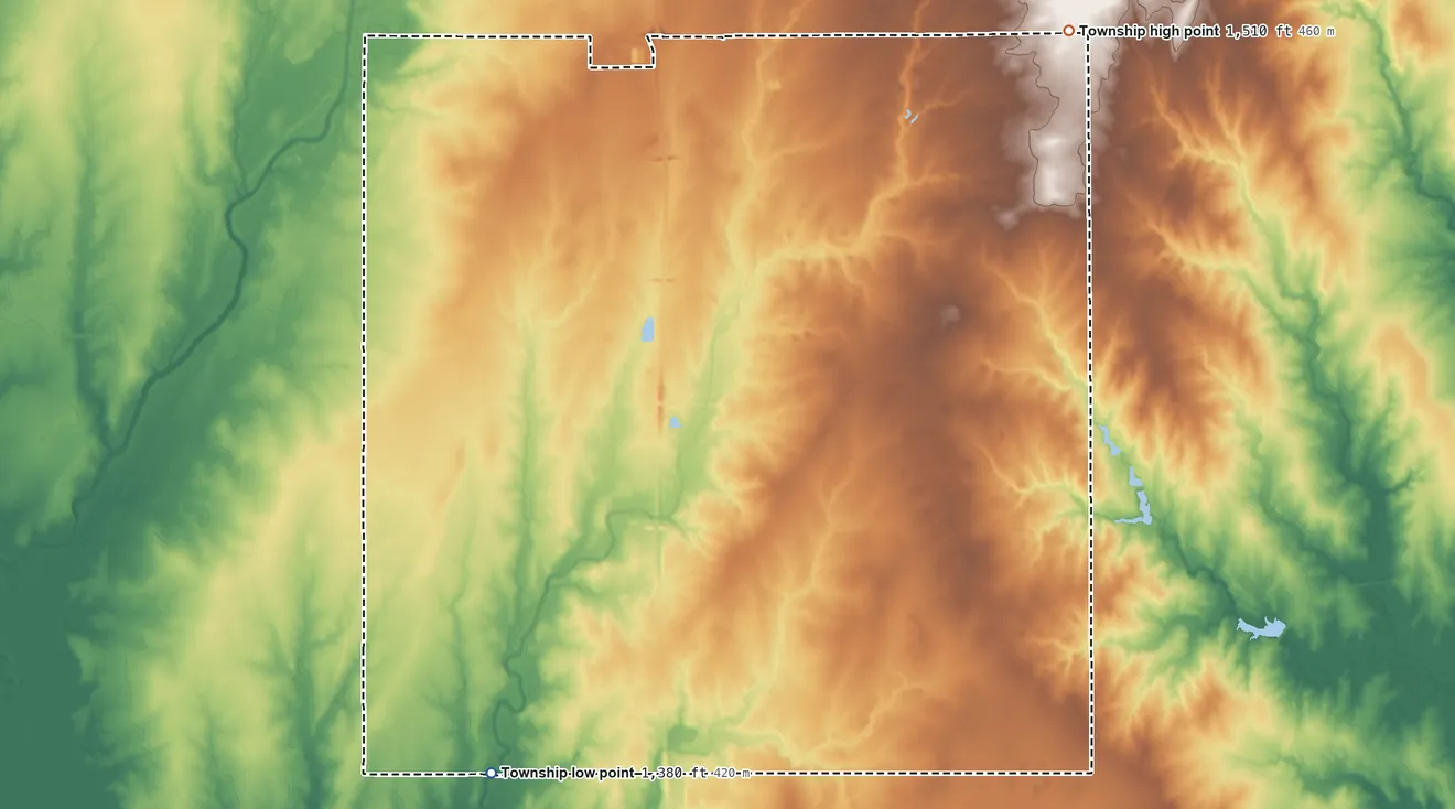 Topographic elevation map of Darlington Township, Kansas, shaded from 1,380 ft on the southwest side to 1,510 ft on the northeast side