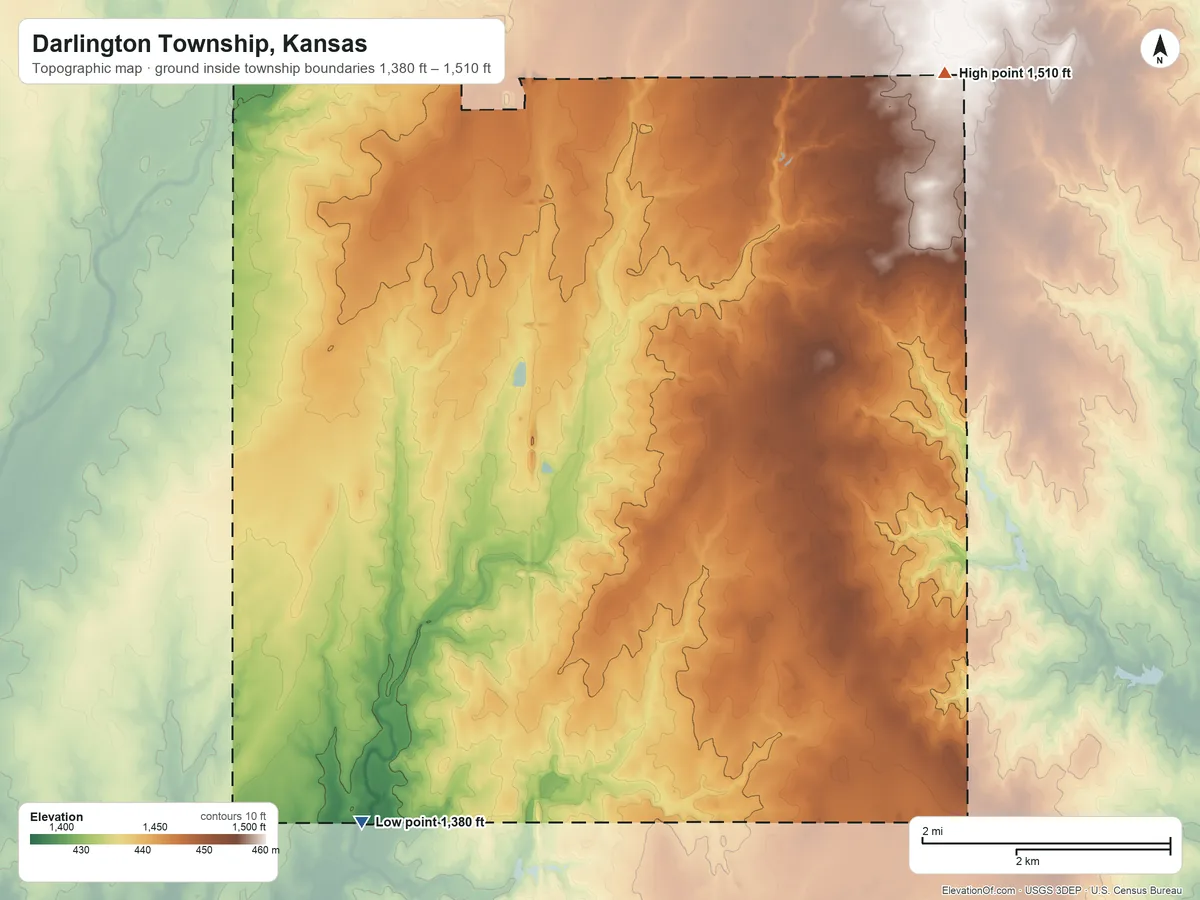 Topographic elevation map of Darlington Township, Kansas, shaded from 1,380 ft on the southwest side to 1,510 ft on the northeast side