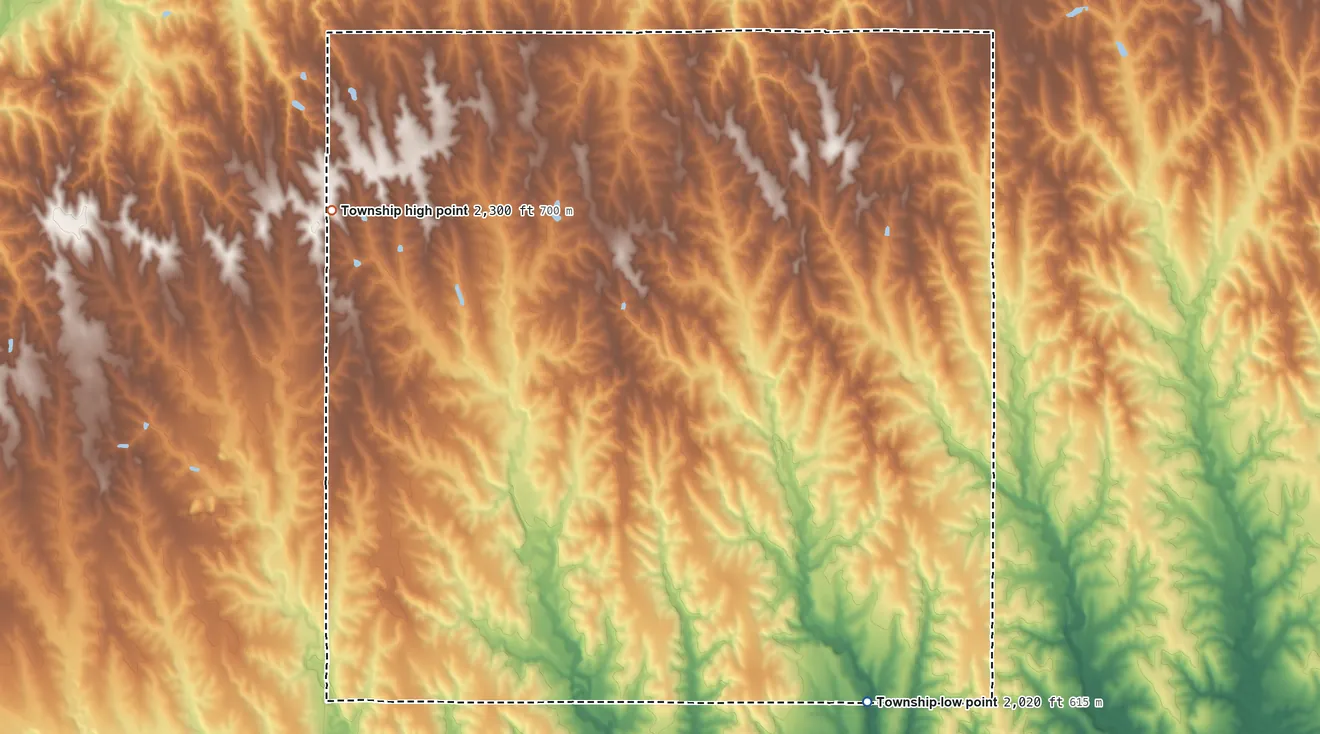 Topographic elevation map of Dayton Township, Phillips County, Kansas, shaded from 2,020 ft on the southeast side to 2,300 ft on the northwest side