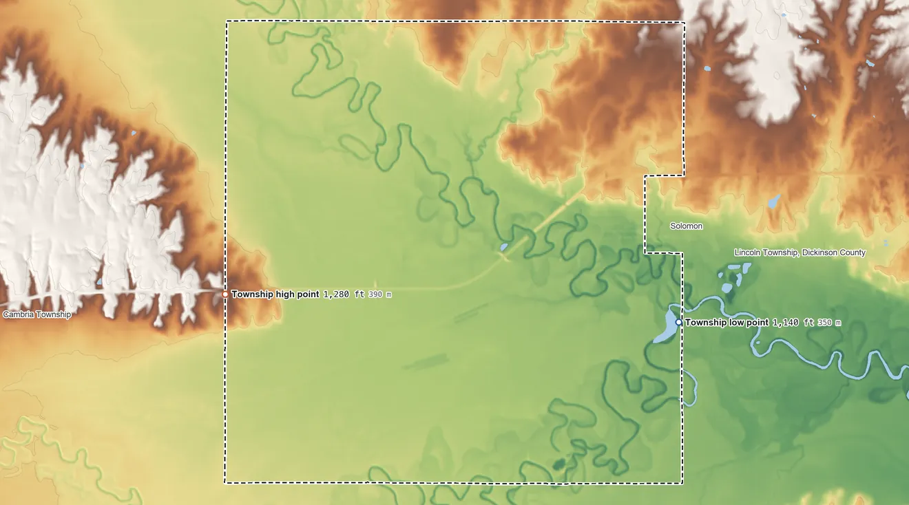 Topographic elevation map of Dayton Township, Kansas, shaded from 1,140 ft on the east side to 1,280 ft on the west side
