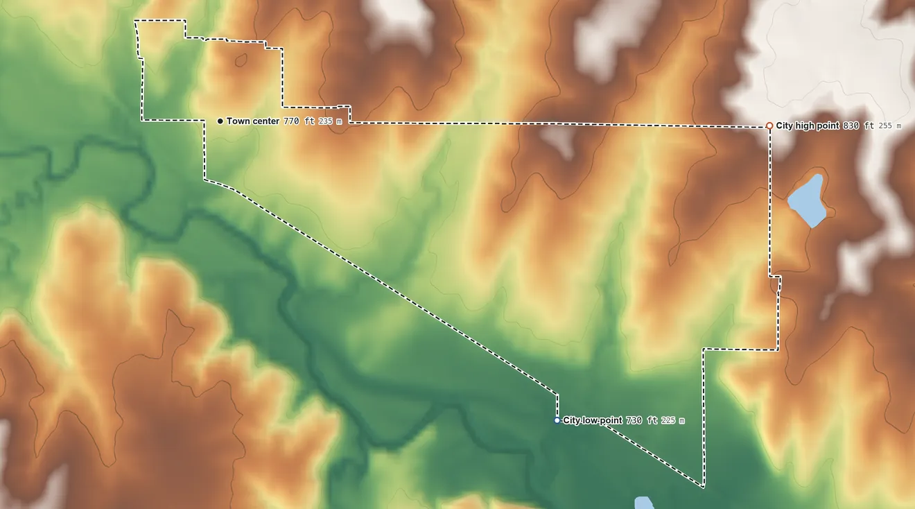 Topographic elevation map of Dearing, Kansas, shaded from 730 ft on the southeast side to 830 ft on the east side