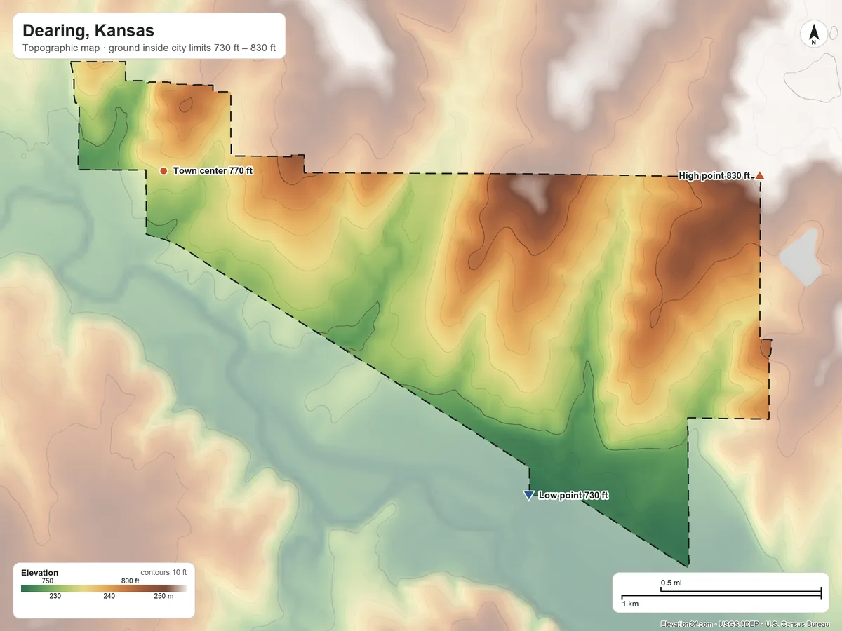 Topographic elevation map of Dearing, Kansas, shaded from 730 ft on the southeast side to 830 ft on the east side