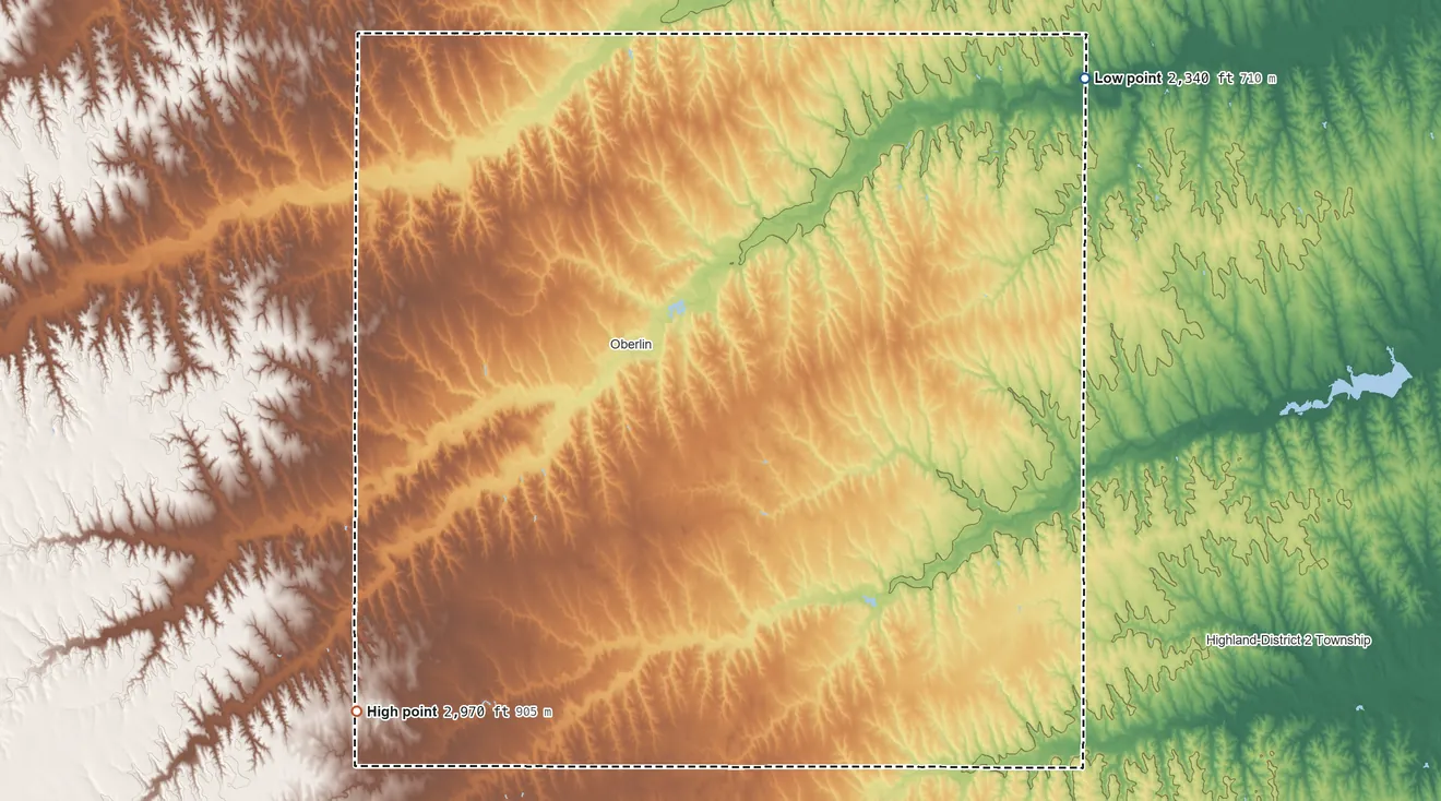 Topographic elevation map of Decatur County, Kansas, shaded from 2,340 ft on the northeast side to 2,970 ft on the southwest side