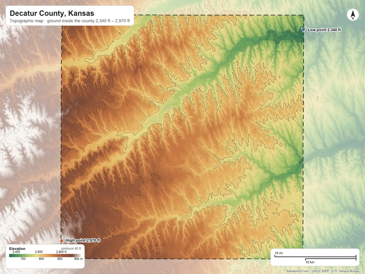 Topographic elevation map of Decatur County, Kansas, shaded from 2,340 ft on the northeast side to 2,970 ft on the southwest side