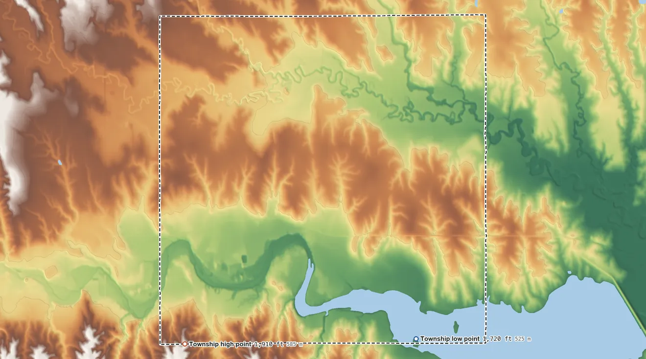 Topographic elevation map of Deer Creek Township, Phillips County, Kansas, shaded from 1,720 ft on the south side to 1,910 ft on the southwest side