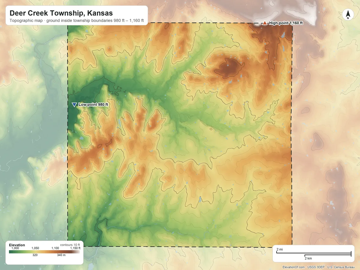 Topographic elevation map of Deer Creek Township, Kansas, shaded from 980 ft on the northwest side to 1,160 ft on the northeast side