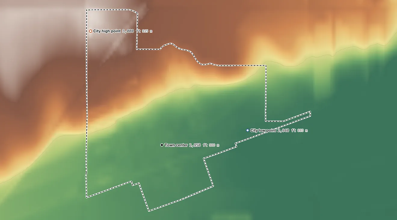 Topographic elevation map of Deerfield, Kansas, shaded from 2,940 ft on the east side to 3,000 ft on the northwest side