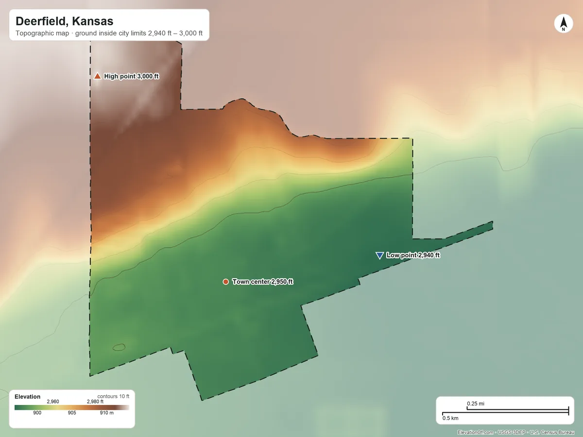 Topographic elevation map of Deerfield, Kansas, shaded from 2,940 ft on the east side to 3,000 ft on the northwest side