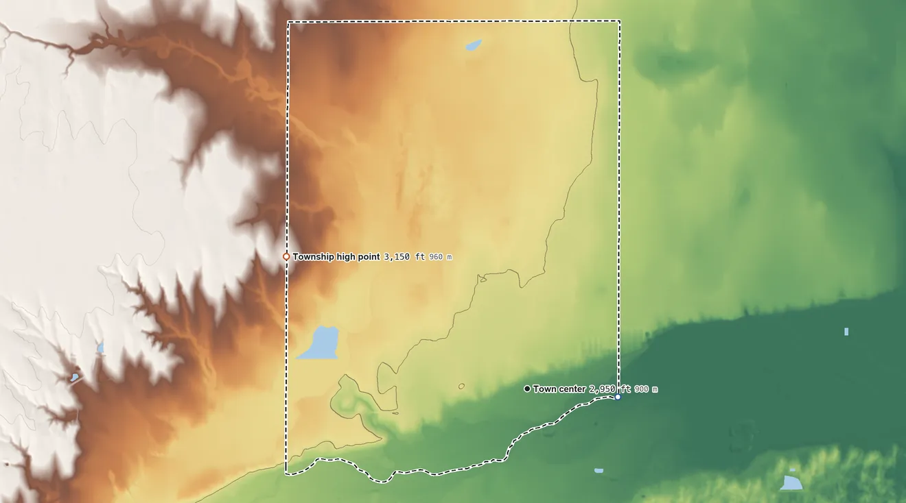 Topographic elevation map of Deerfield Township, Kansas, shaded from 2,920 ft on the east side to 3,150 ft on the northwest side