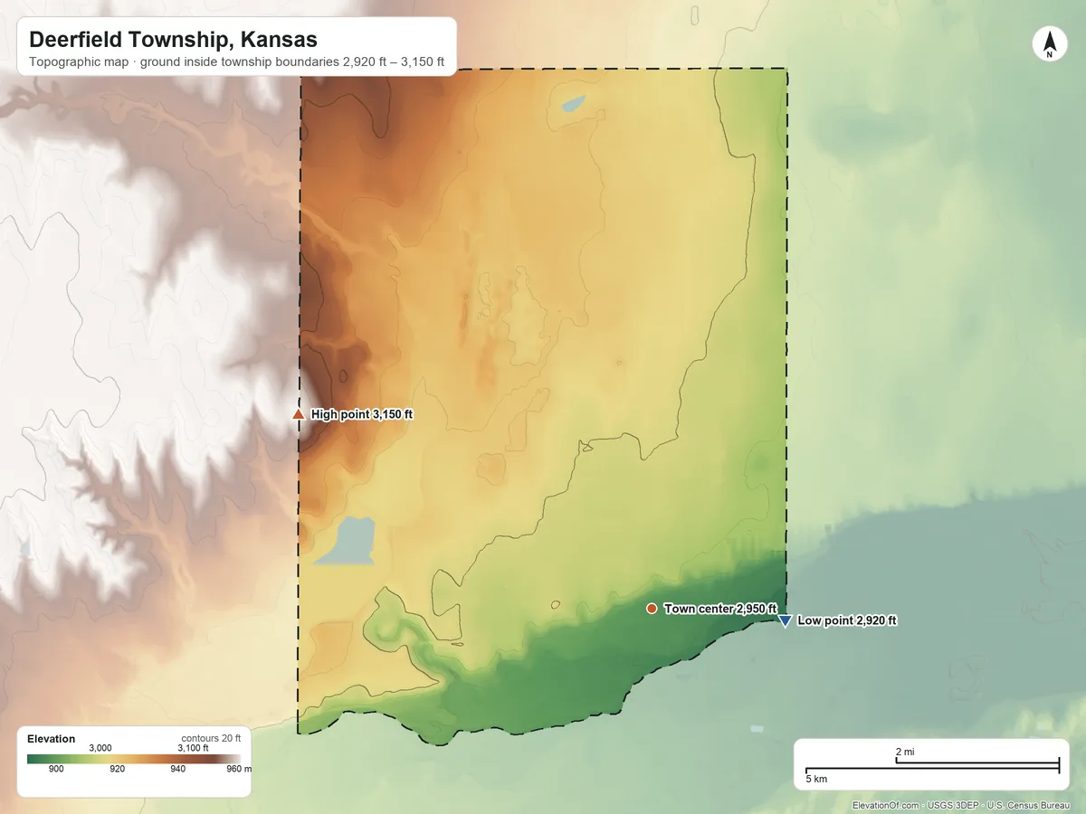 Topographic elevation map of Deerfield Township, Kansas, shaded from 2,920 ft on the east side to 3,150 ft on the northwest side