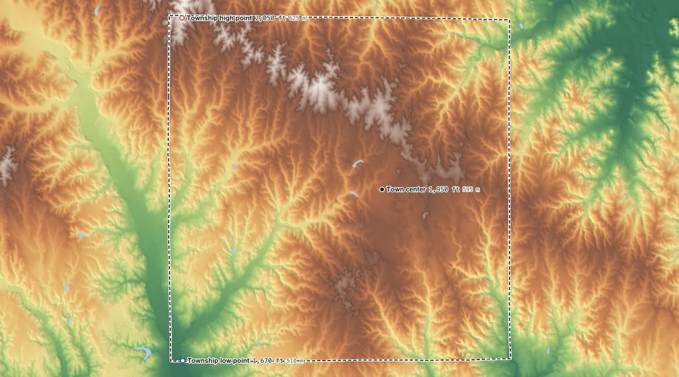 Topographic elevation map of Deerhead Township, Kansas, shaded from 1,670 ft on the southwest side to 2,050 ft on the northwest side