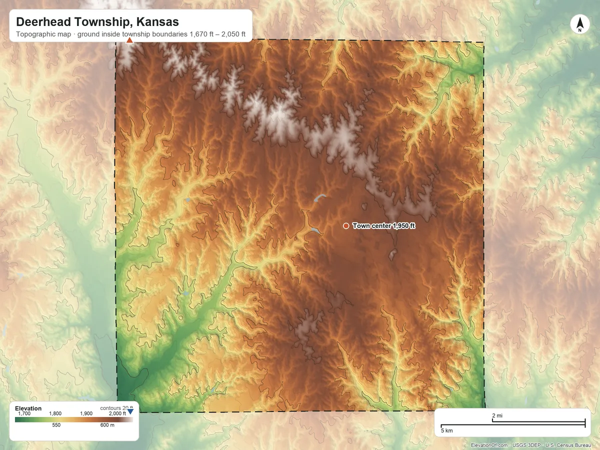 Topographic elevation map of Deerhead Township, Kansas, shaded from 1,670 ft on the southwest side to 2,050 ft on the northwest side