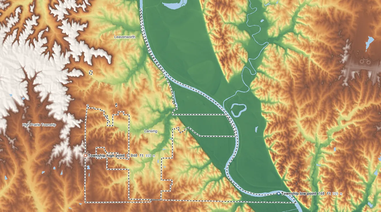 Topographic elevation map of Delaware Township, Leavenworth County, Kansas, shaded from 740 ft on the east side to 1,040 ft on the west side