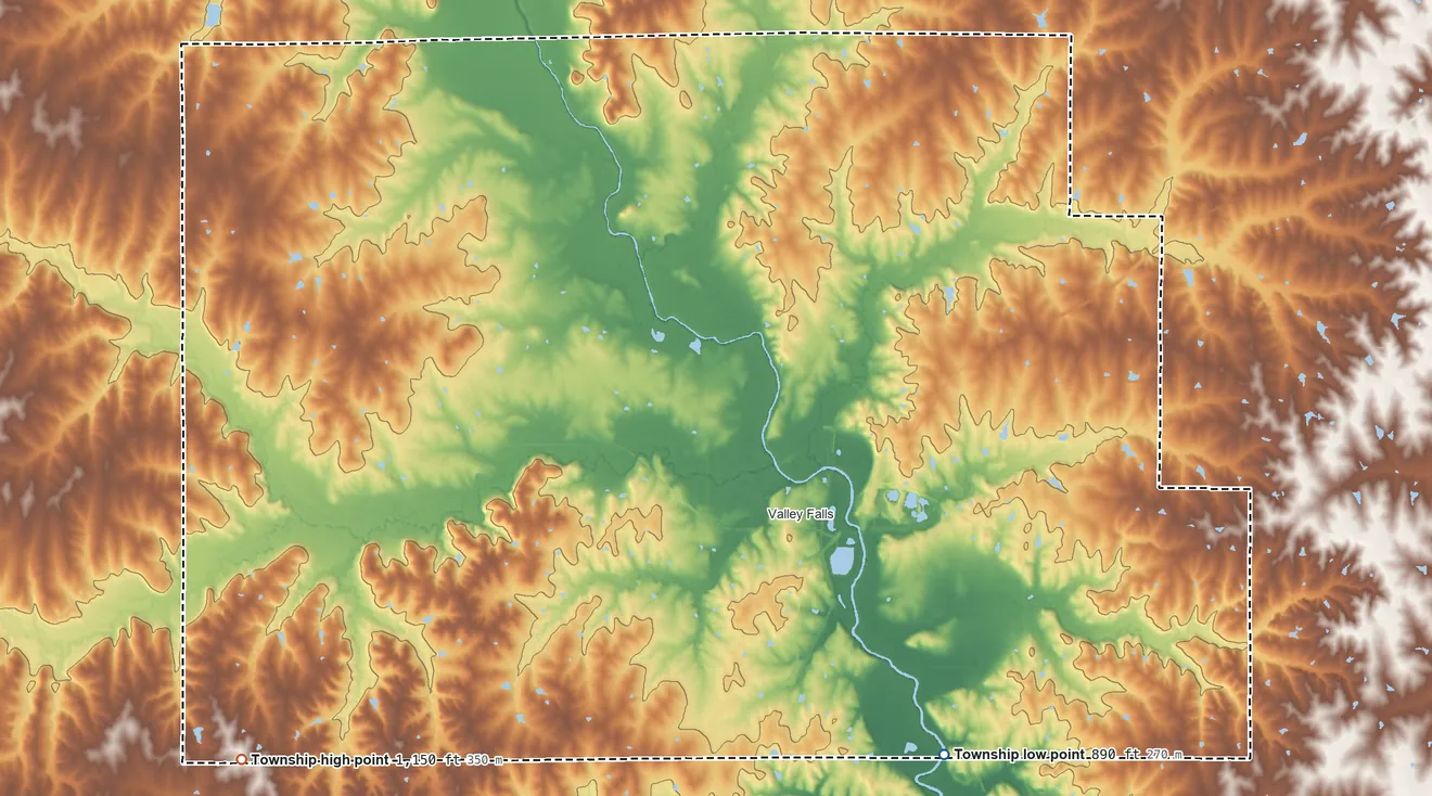 Topographic elevation map of Delaware Township, Kansas, shaded from 890 ft on the southeast side to 1,150 ft on the southwest side