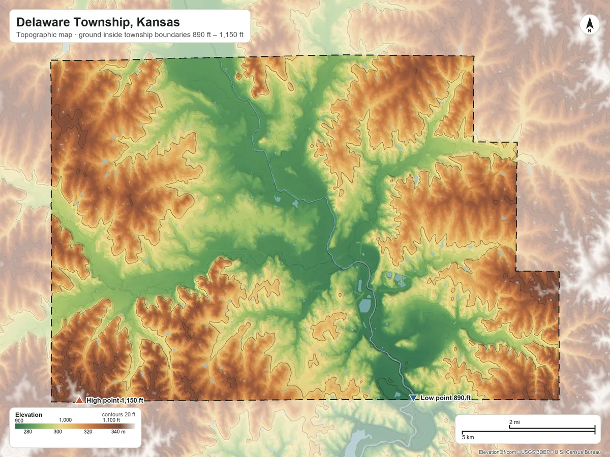Topographic elevation map of Delaware Township, Kansas, shaded from 890 ft on the southeast side to 1,150 ft on the southwest side