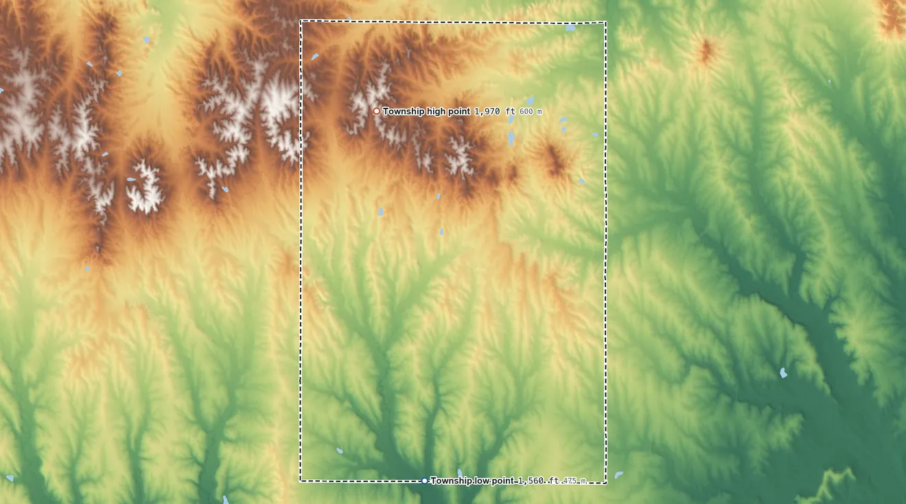 Topographic elevation map of Delhi Township, Kansas, shaded from 1,560 ft on the south side to 1,970 ft on the north side