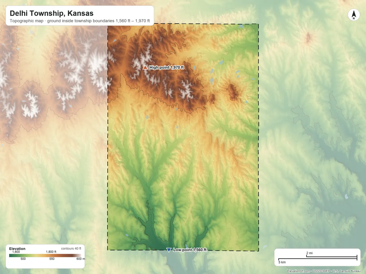 Topographic elevation map of Delhi Township, Kansas, shaded from 1,560 ft on the south side to 1,970 ft on the north side