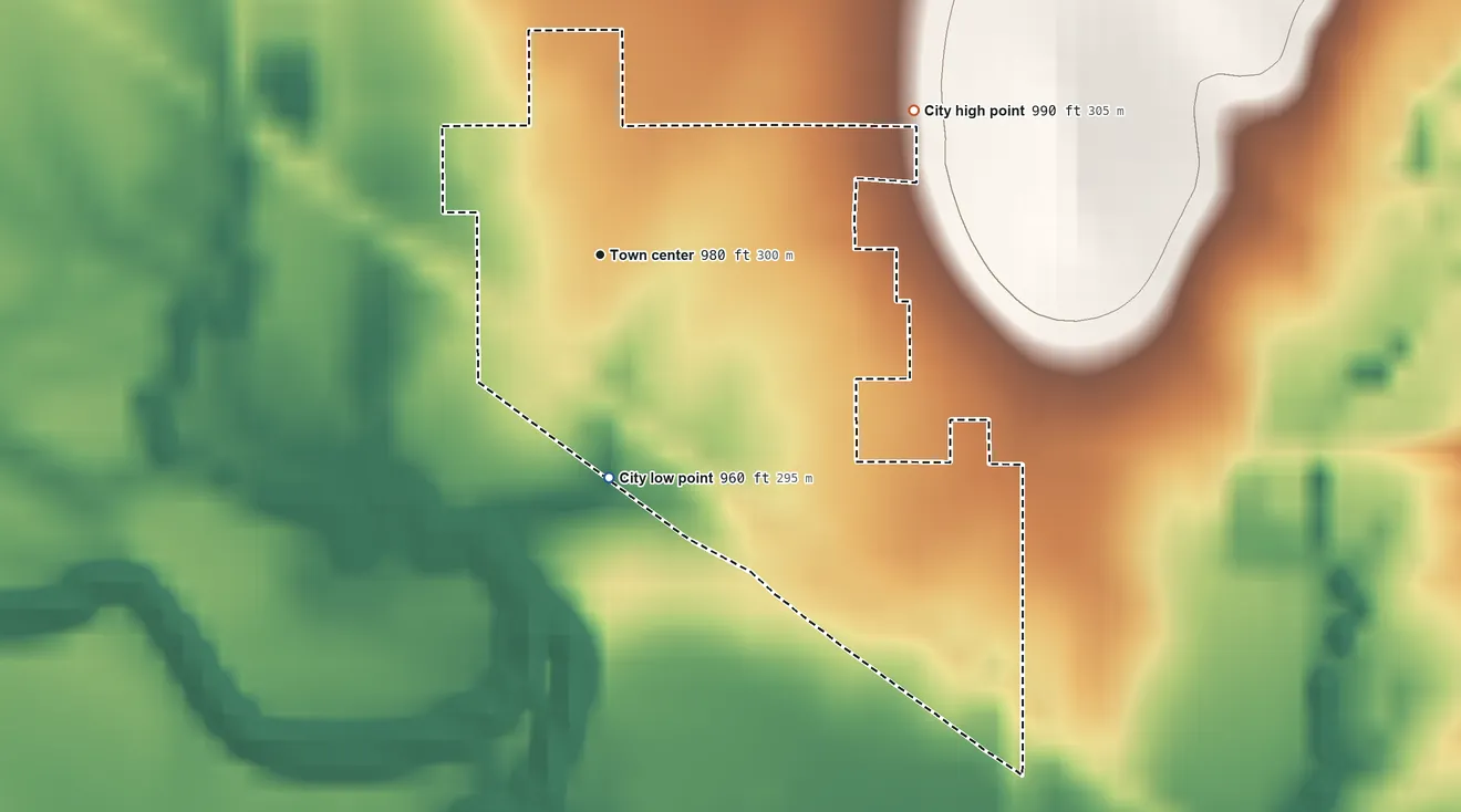 Topographic elevation map of Delia, Kansas, shaded from 960 ft on the south side to 990 ft on the northeast side
